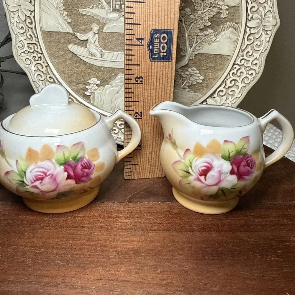 Hand Painted Porcelain Creamer Sugar Bowl Pink Roses Gold Trim Set Vintage